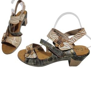 L'ARTISTE Spring Step ACARINE Olive Multi sz EU 40 US 9 Leather Heel Sandals EUC